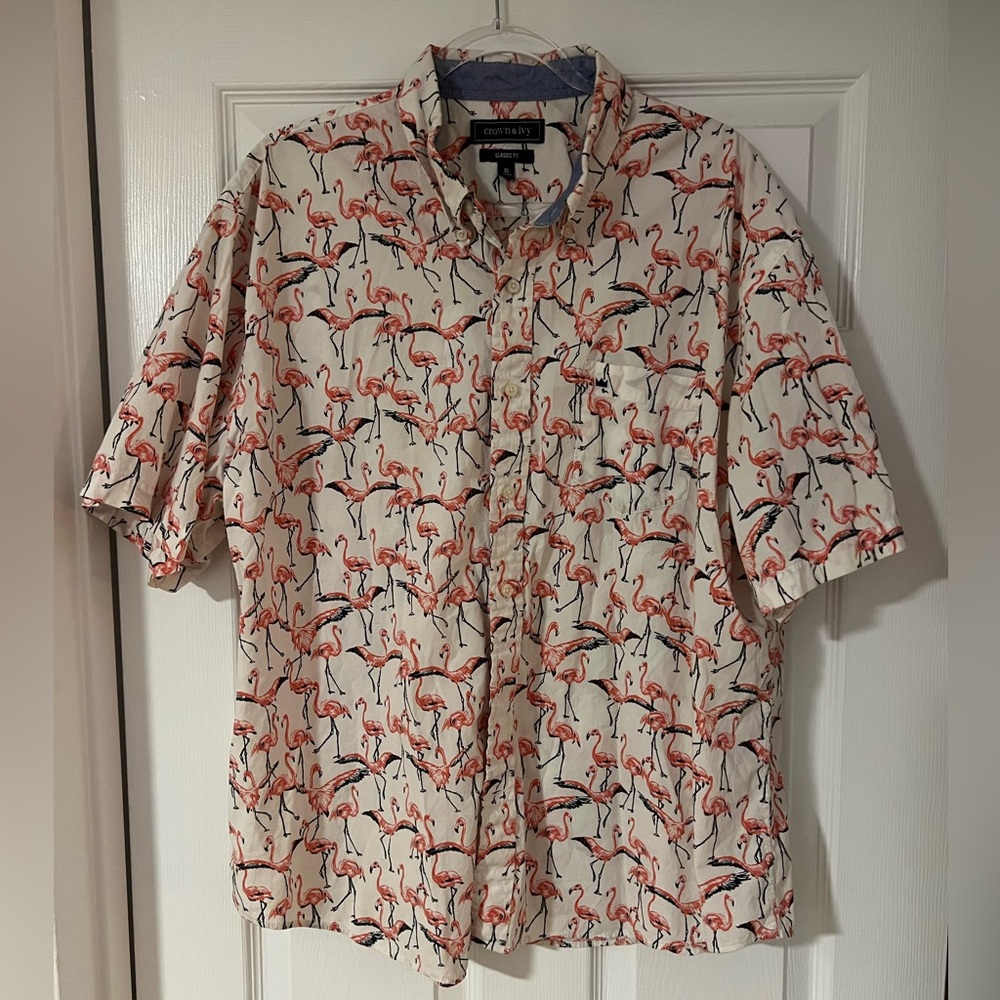 Crown & Ivy Flamingo Print Men's Shirt - Cream and Red